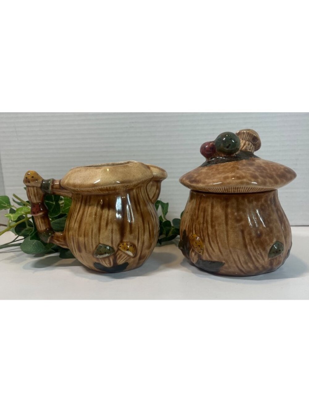 Vintage Mushroom-Themed Ceramic Canister & Matching Pitcher Set Hand-Painted Rus